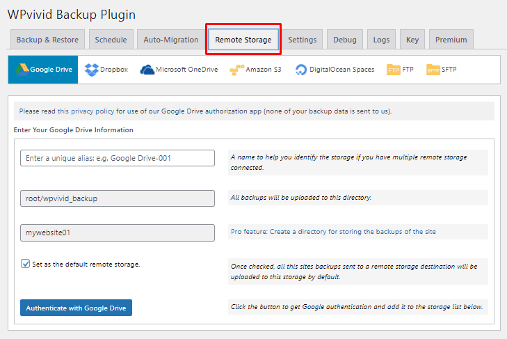 setup remote storage wpvivid