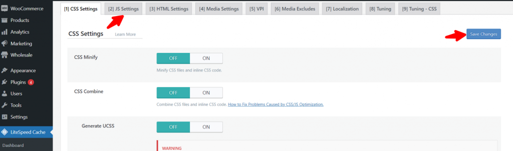 Click JS Settings Turn On JS Minify