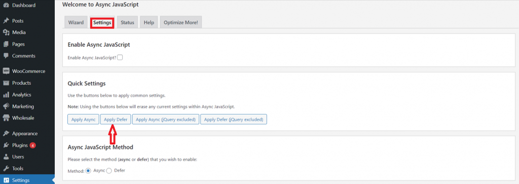 activate apply defer option using async javascript plugin settings