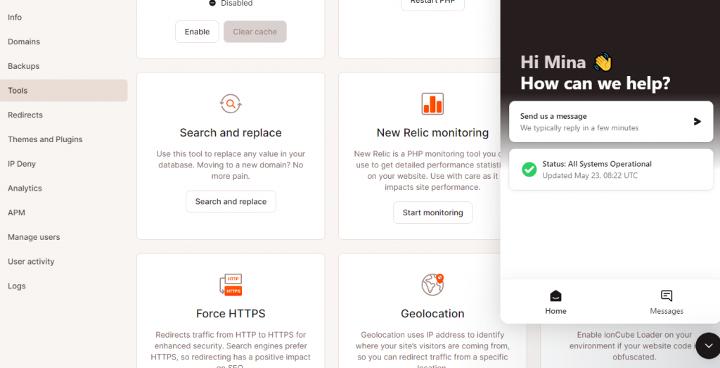 web hosting service dashboard for using customer support